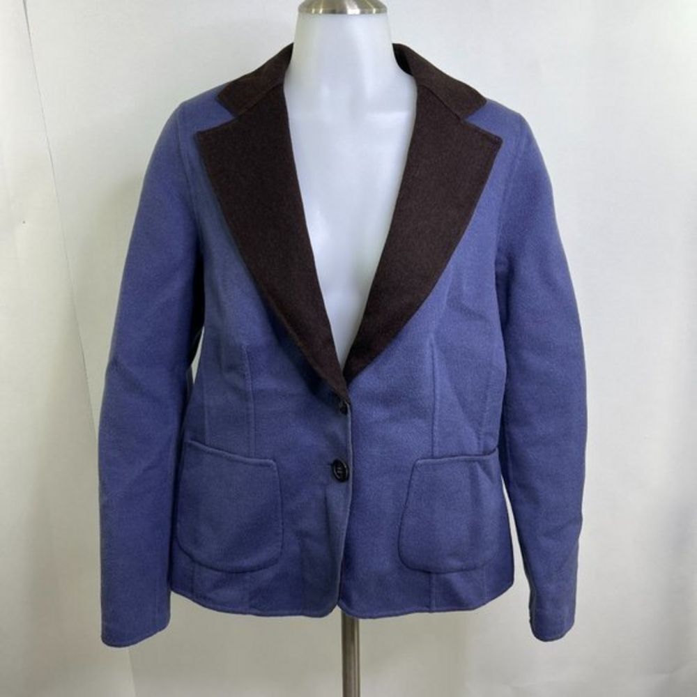 Les Copains L Jacket Blazer Wool Angora Blue Brown 2 Button Knit Work Career Mis